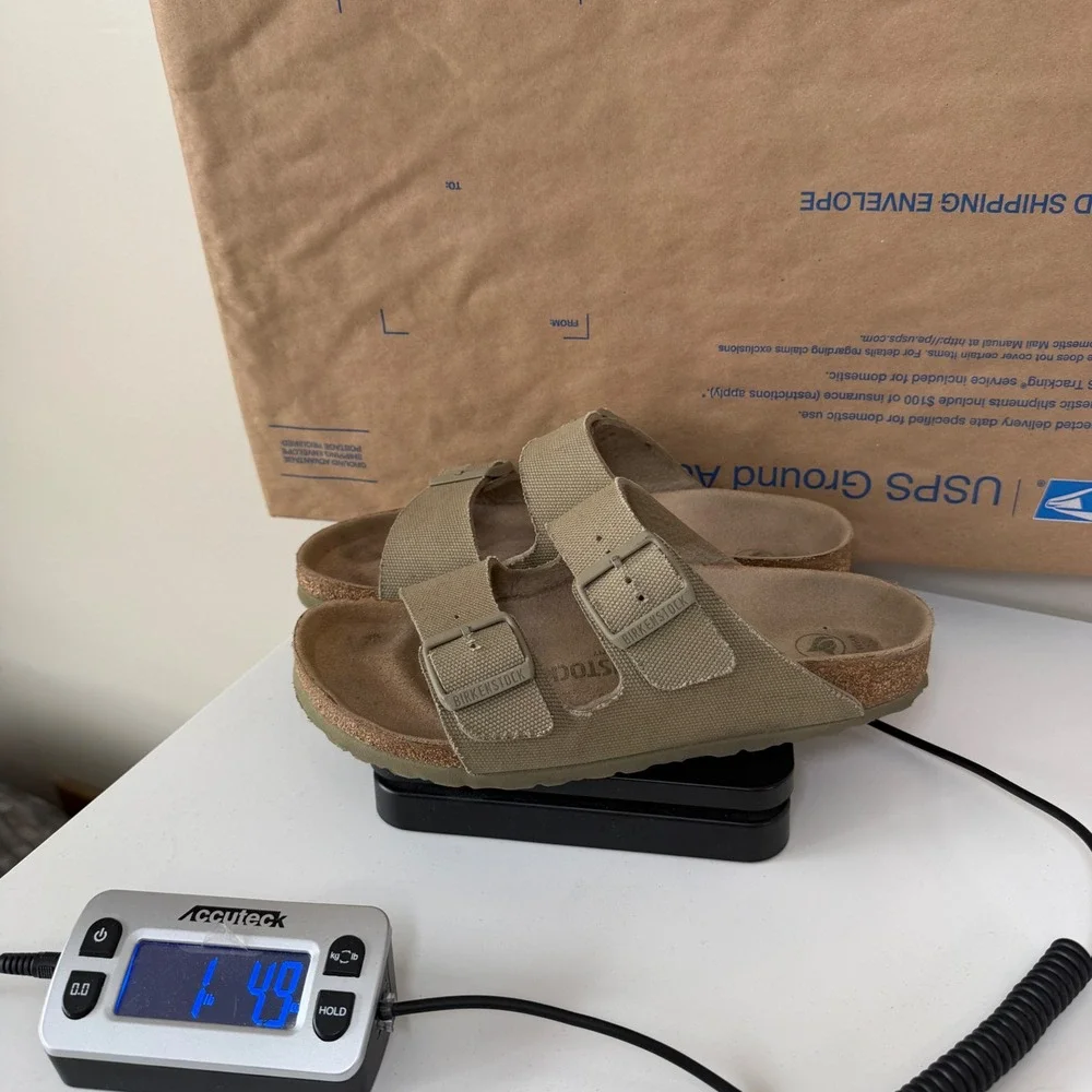 Birkenstock Arizona Women 38N Vegan Olive Double Strap Buckle Slides Boho
